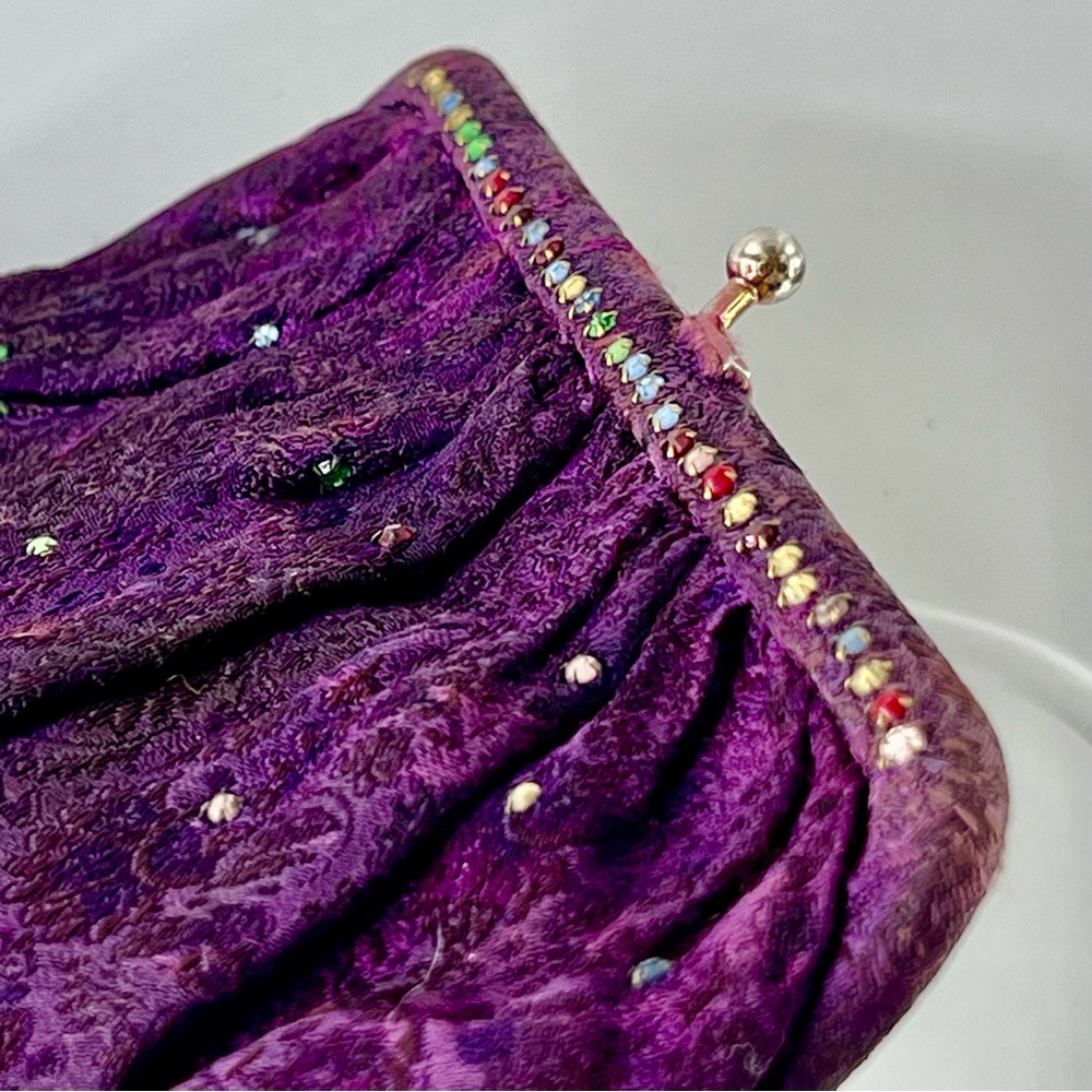 Vintage MAGID Purple Fabric Clutch Bag Embellished with Various Colors of Beads